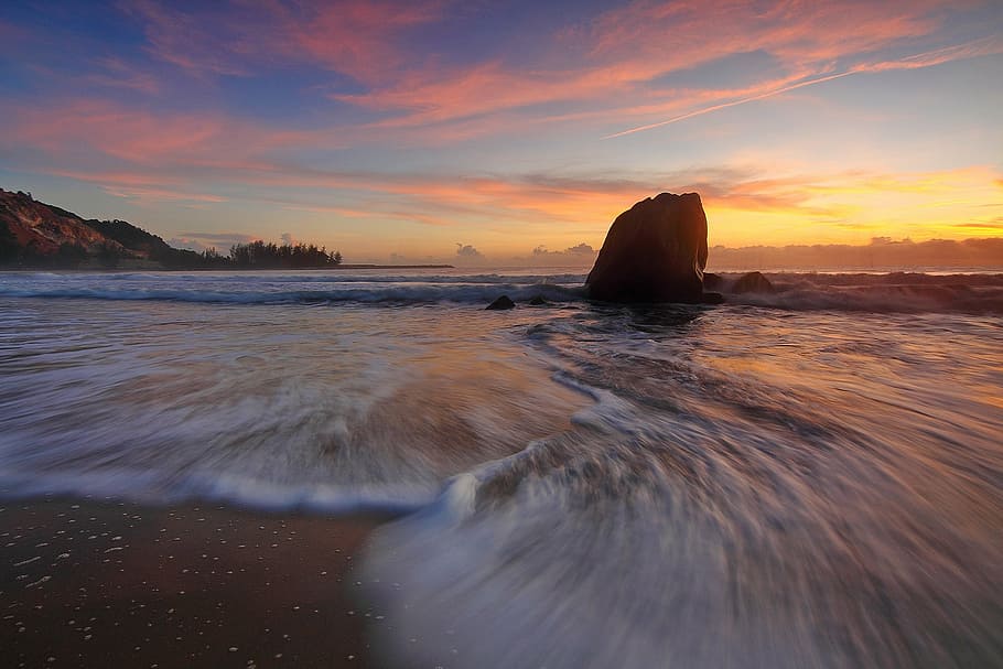 time lapse of ocean wave during sunset, seascape, water motion HD wallpaper
