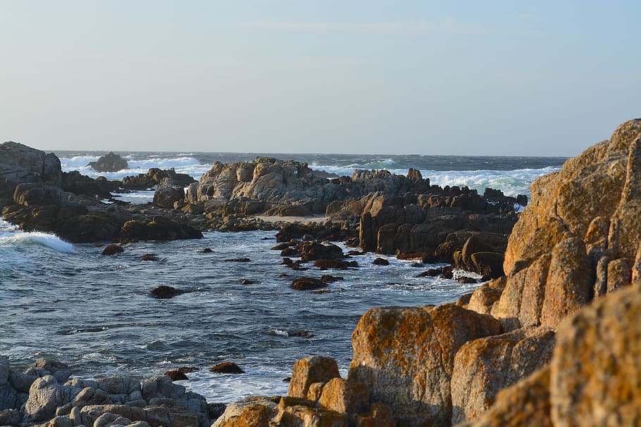 pacific, grove, california, sea, water, rock, sky, rock - object, HD wallpaper