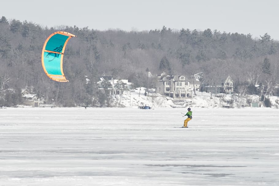 wind surfing, lake, winter, kite, sky, kiteboard, air, jump, HD wallpaper