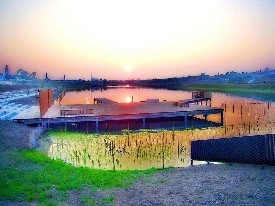 phoenix lake, dortmund, romance, sky, water, sunset, nature, HD wallpaper