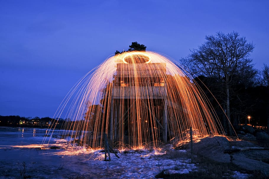 fire, slow shutter speed, evening, sky, illuminated, motion HD wallpaper