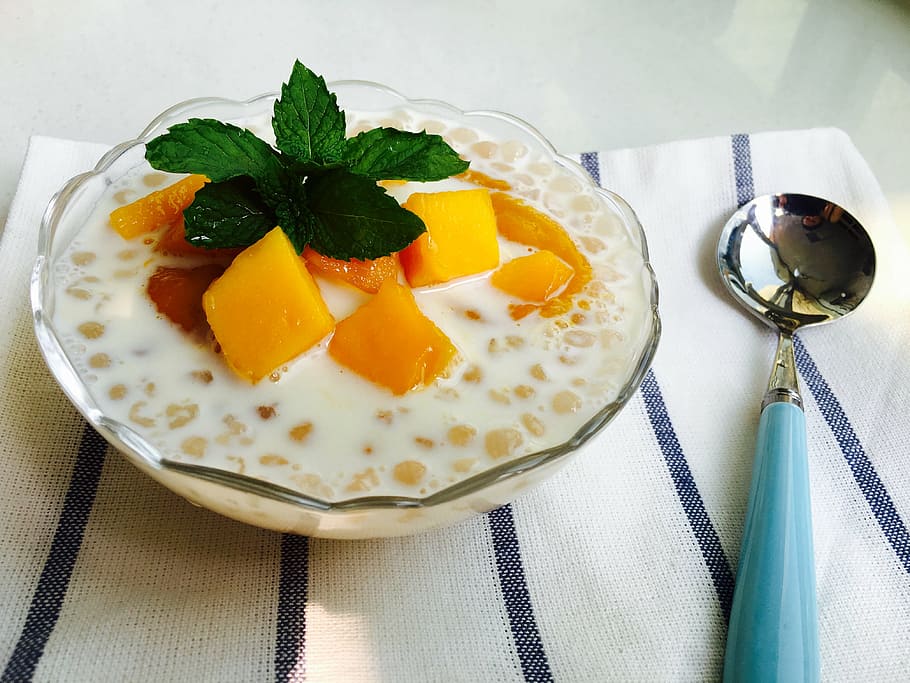 HD wallpaper: tapioca in clear glass bowl, mango, mango sago, mint ...