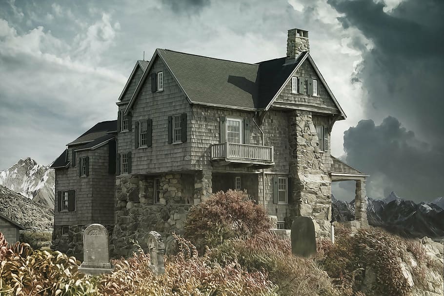 concrete house grayscale photography, cemetery, haunted house, HD wallpaper