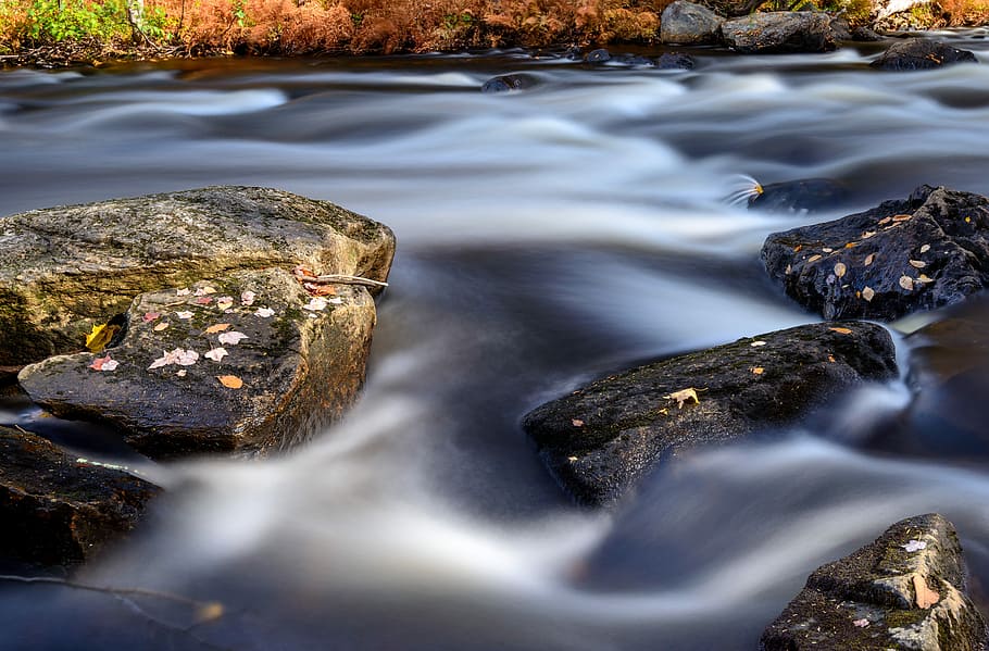black rocks on river, time lapse photography of river, water HD wallpaper