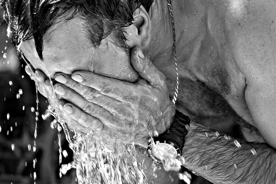 grayscale photography of man washing face, heat, summer, hotness HD wallpaper