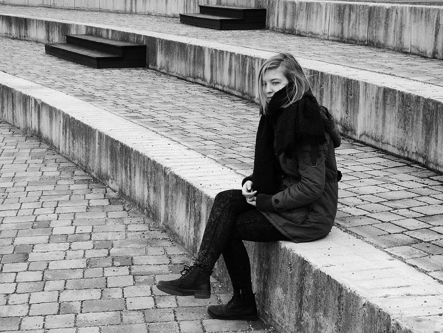 woman wearing black coat sitting on gray surface, Sorry, Depression