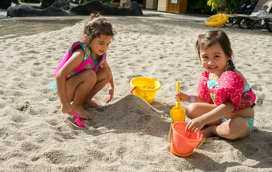 two girls on sand, children, beach, playing, people, person, happy