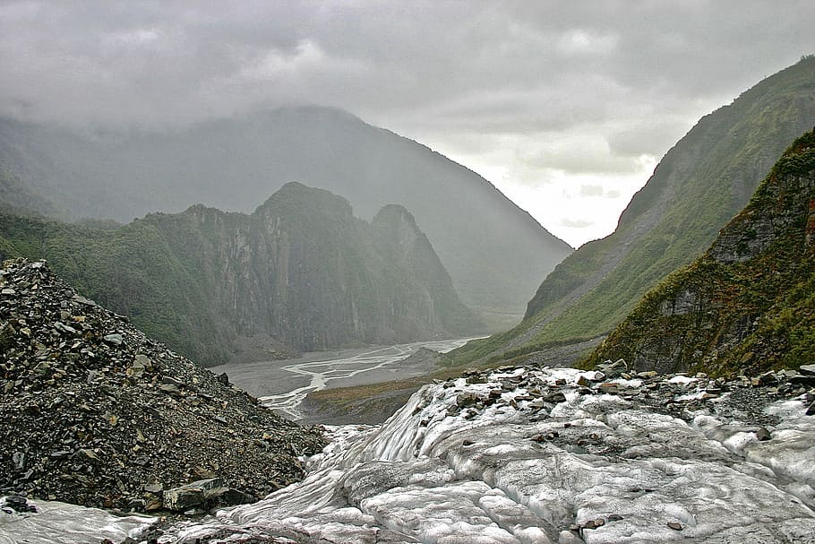stream near mountains during day, river between green mountains HD wallpaper