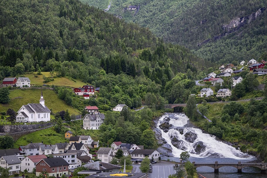 norway, river, landscape, tree, plant, architecture, built structure HD wallpaper