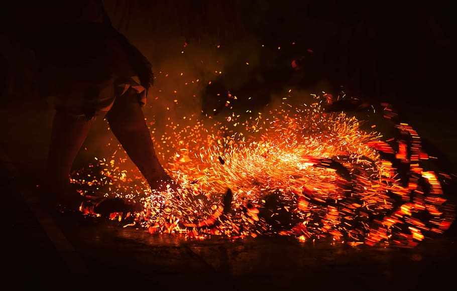 person walking on burning coal at night, feuertanz, bali, holiday