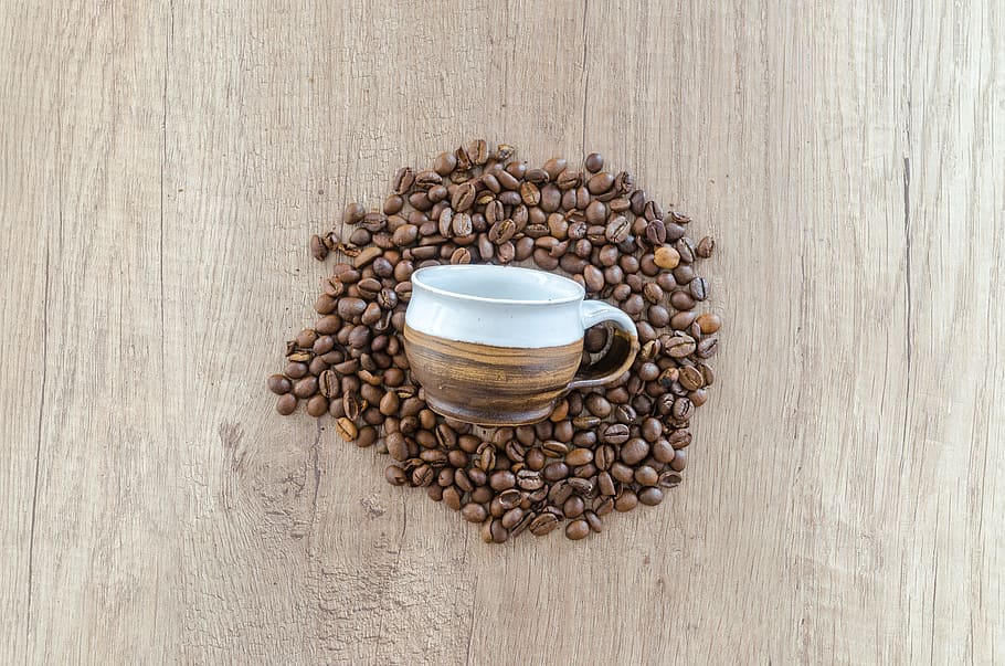 beans, coffee, cup, mug, coffee beans, top view, wooden surface HD wallpaper