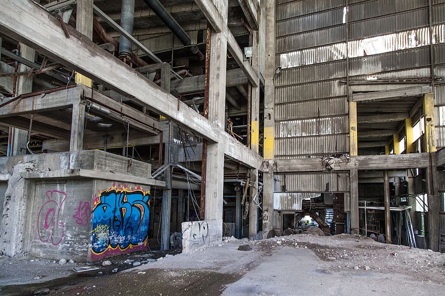 gray concrete post, graffiti, abandoned factory, industrial, construction, HD wallpaper