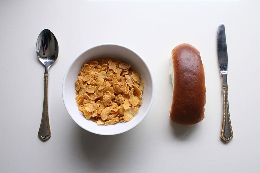 Breakfast, Bread, Food, Tasty, good morning, corn flakes, fork HD wallpaper