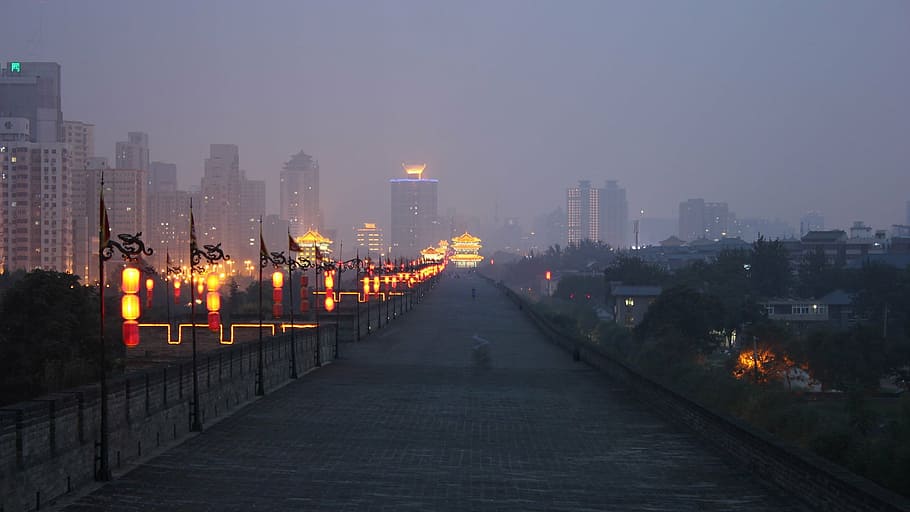 china, night, lights, wall, urban, xi'an, xi'an city wall, street HD wallpaper