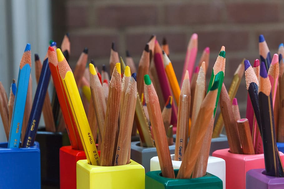 shadow depth photography of colored pencils, wooden pegs, pens, HD wallpaper