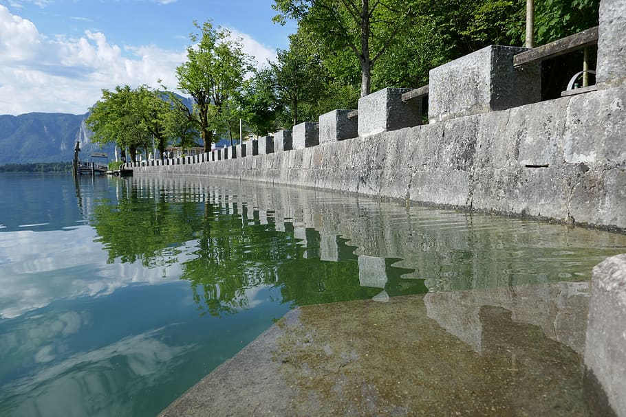 lake, reflection, wall, water, surface, nature, landscape, clouds HD wallpaper
