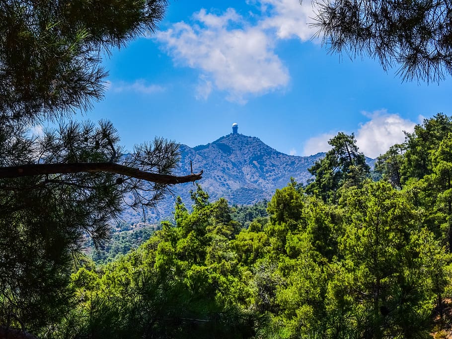 mountain, peak, forest, sky, clouds, radar, tower, landscape HD wallpaper