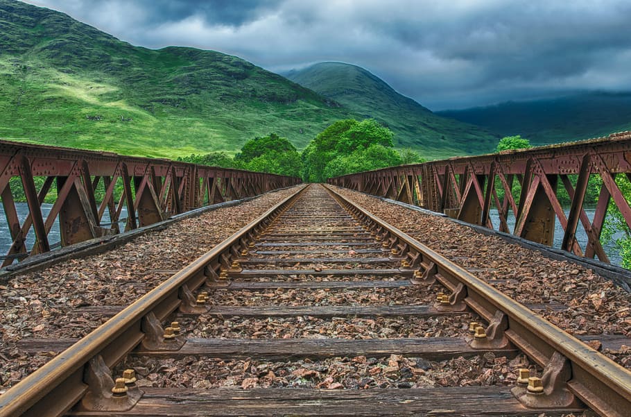 horizontal view train rail with mountain, railway, seemed, track, HD wallpaper