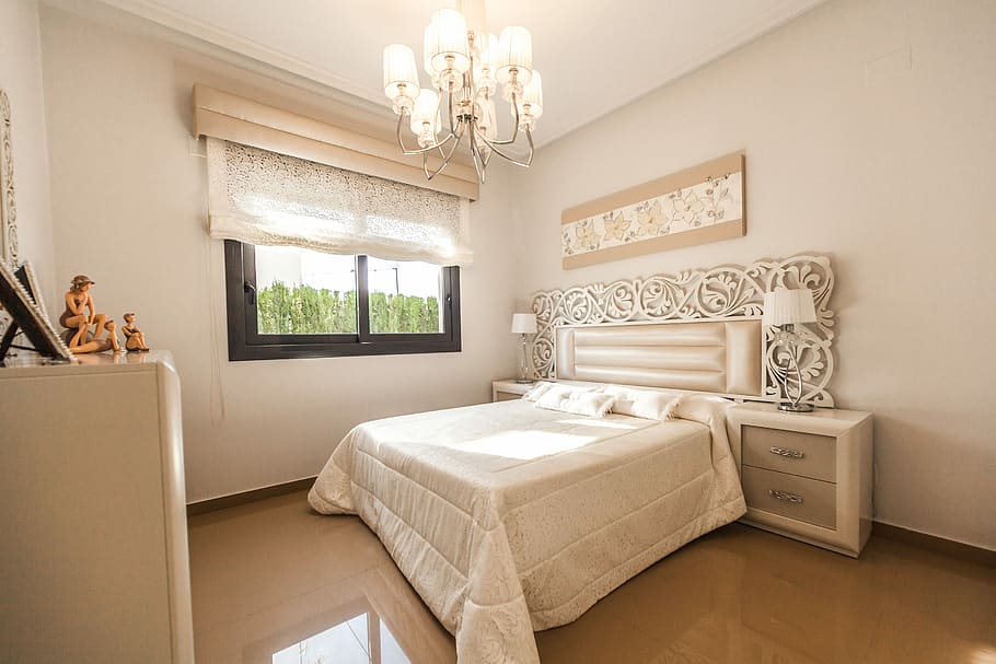 white bed comforter near glass window, white and brown wooden nightstand near on white wooden bed frame HD wallpaper