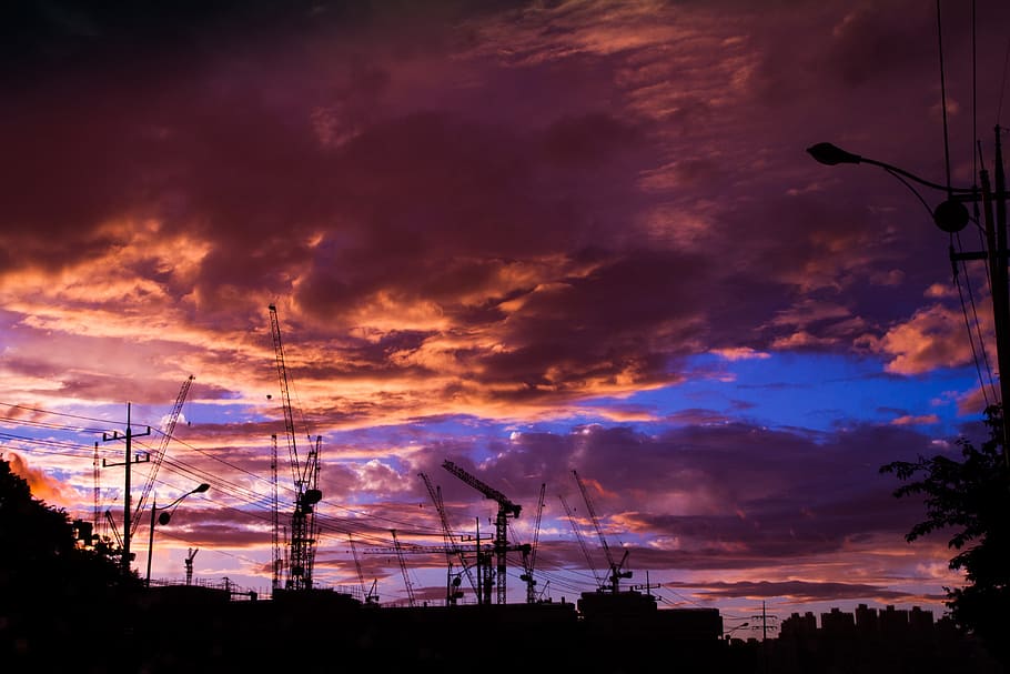 Glow, Silhouette, Sunset, Cloud, sky, city, construction trades HD wallpaper