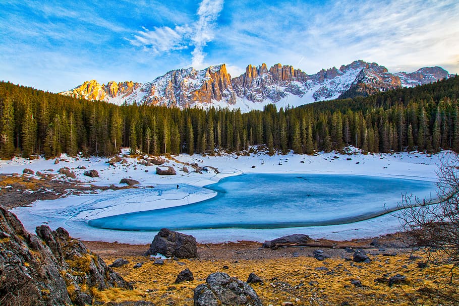 pine trees near body of water under white and blue sky, lake near trees and mountain under cloudy sky, HD wallpaper