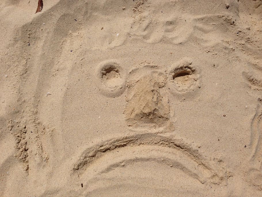 sand drawing, Face, Sad, Bad Mood, Beach, Smiley, emoticon, footprint