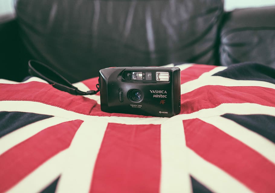 black Yashica camera on textile, flag, red, white, technology HD wallpaper