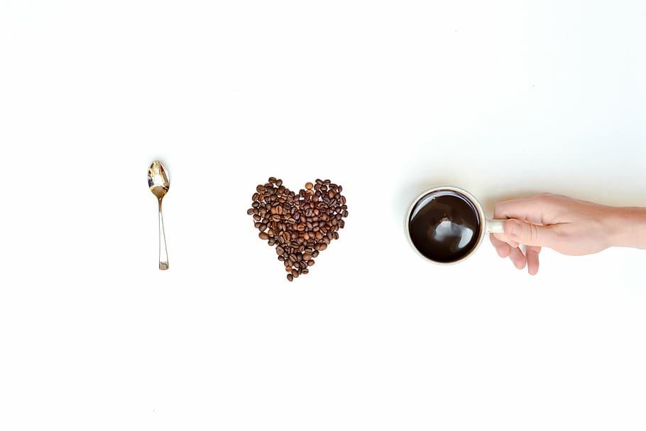 beans, caffeine, coffee, creative, cup, hand, love, mug, spoon HD wallpaper