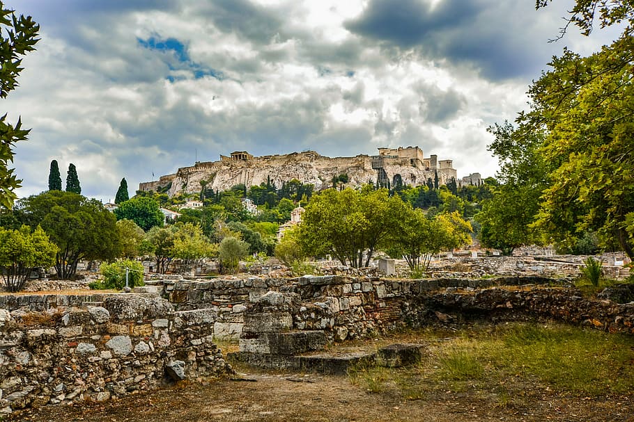 scenery of trees and mountain, acropolis, parthenon, athens HD wallpaper