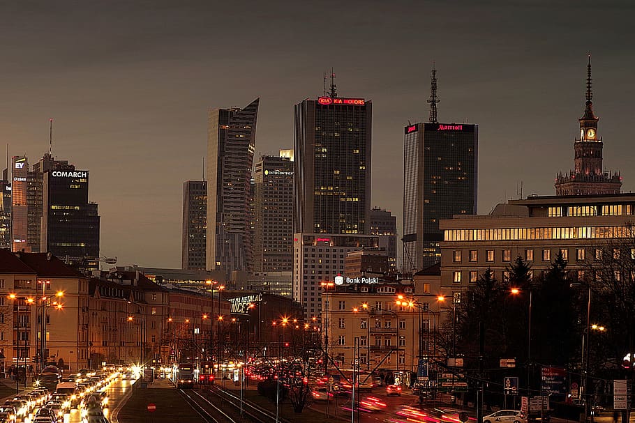 city buildings and road at night, warsaw, street, traffic, sunset, HD wallpaper