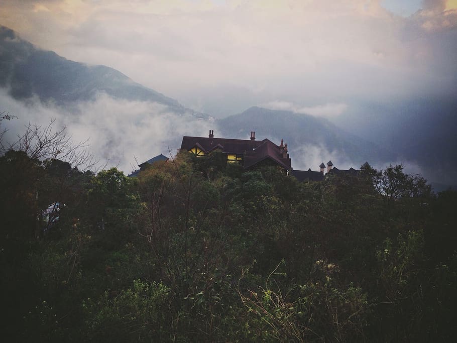 house on top of mountains, landscape photography of house surrounded with trees HD wallpaper