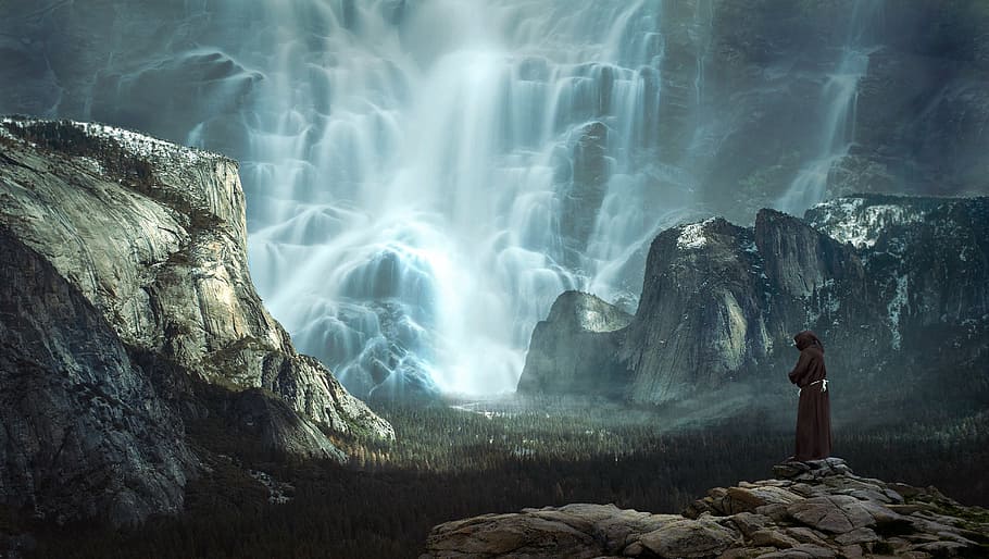 person in black robe on mountain wallpaper, waterfall, mountains HD wallpaper