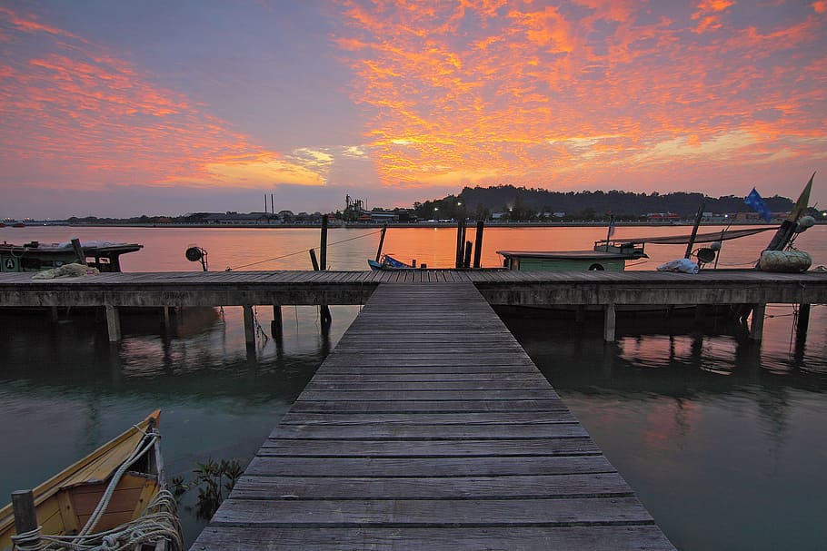 boats, clouds, dawn, deck, dock, dusk, jetty, lake, moored HD wallpaper