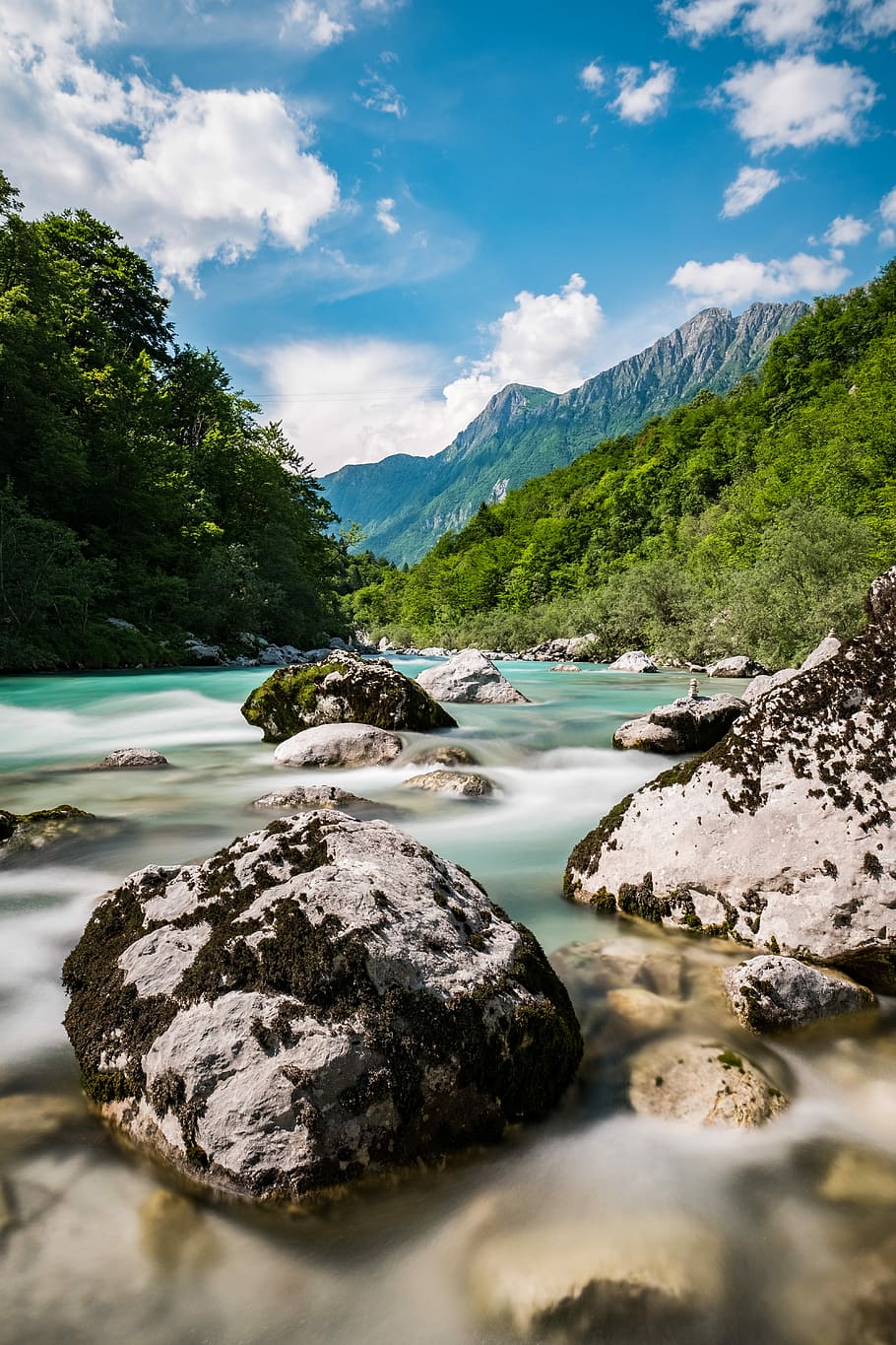 Soca River, photo of body of water and rocks, long exposure, rocky, HD wallpaper