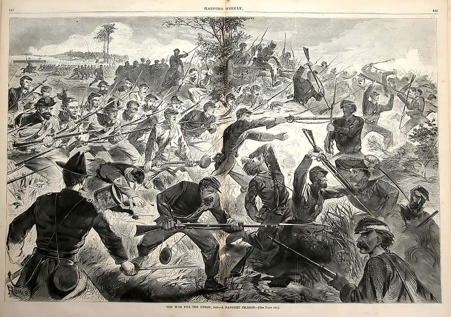 Union forces performing a bayonet charge, 1862 during a battle