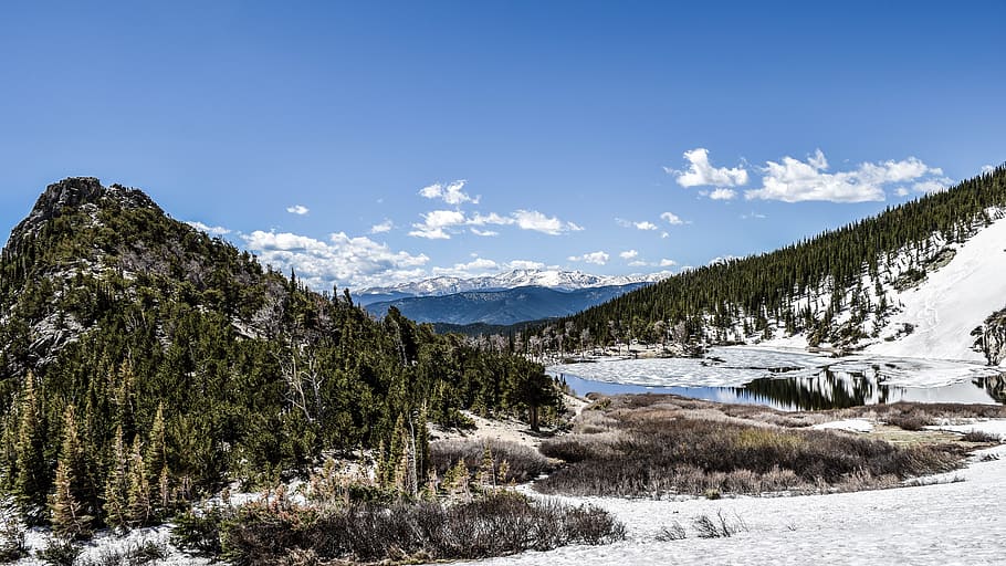 landscape photography of green and white mountain, mountain near body of water under blue sky during daytime HD wallpaper