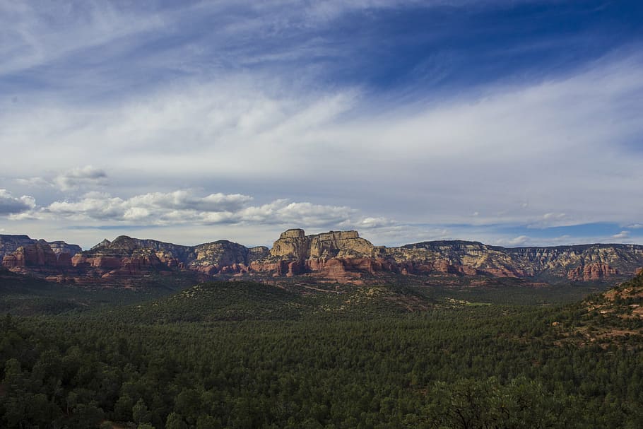 clouds, forest, landscape, mountain range, nature, rocky mountains HD wallpaper
