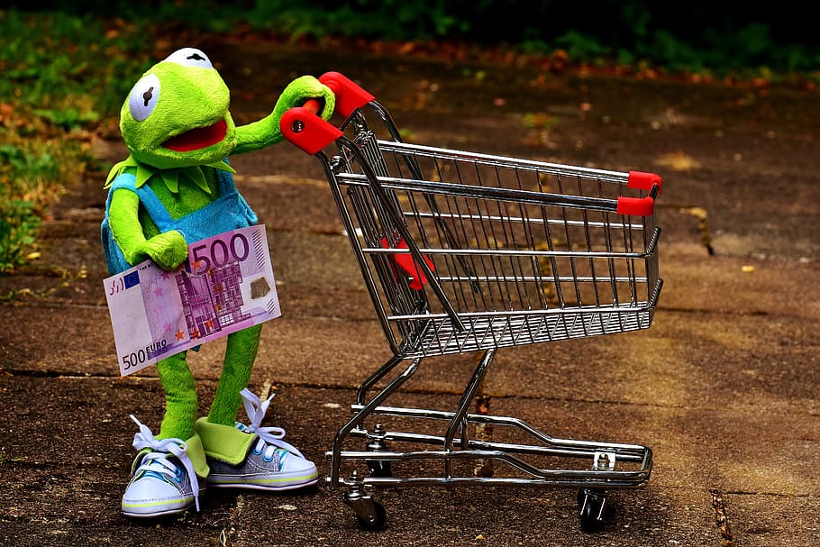 Kermit the Frog holding 500 euro banknote and grocery cart, Shopping Cart