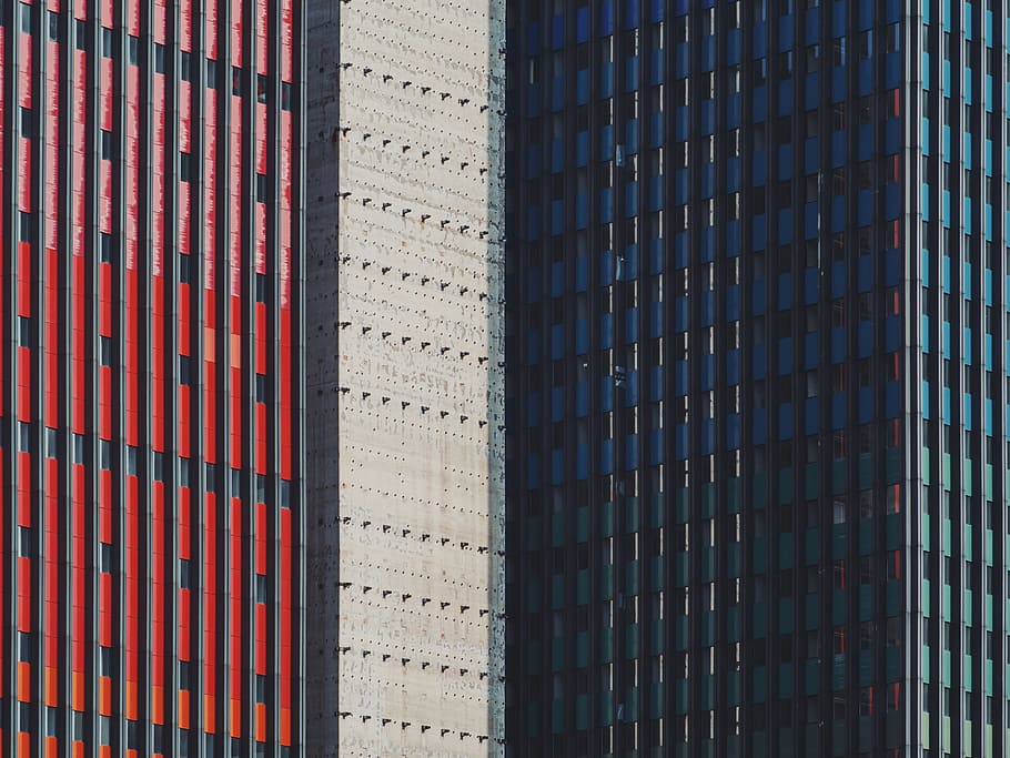 blue, white, and red commercial buildings, untitled, blue, gray HD wallpaper