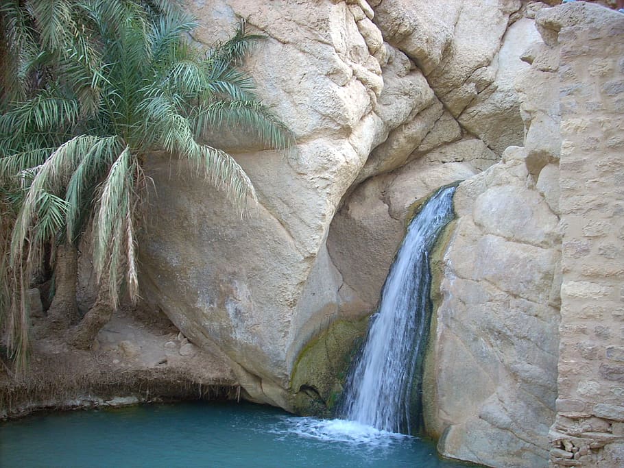 water falls and rock formation, tunisia, rocks, rocky, waterfall, HD wallpaper