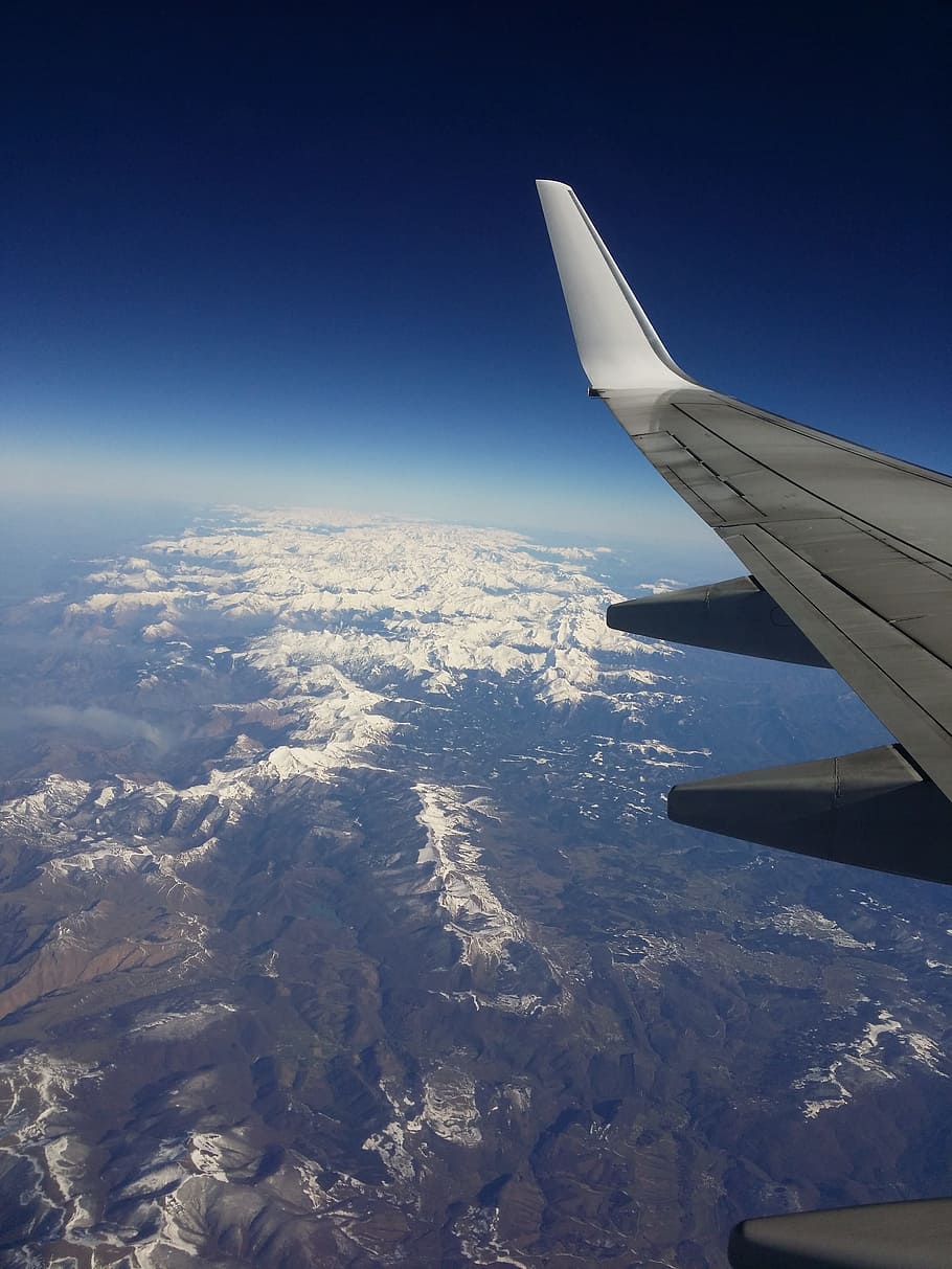 Wing, Plane, Air, Fly, Mountains, blue, nature, height, snow HD wallpaper