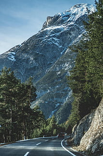 photograph of concrete road between trees and cliff with mountain background, gray asphalt road HD wallpaper