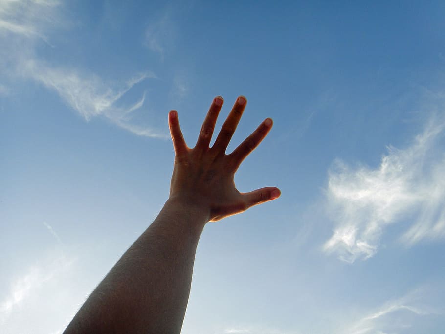 hand, sky, clouds, blue, light, nature, summer, human hand, HD wallpaper