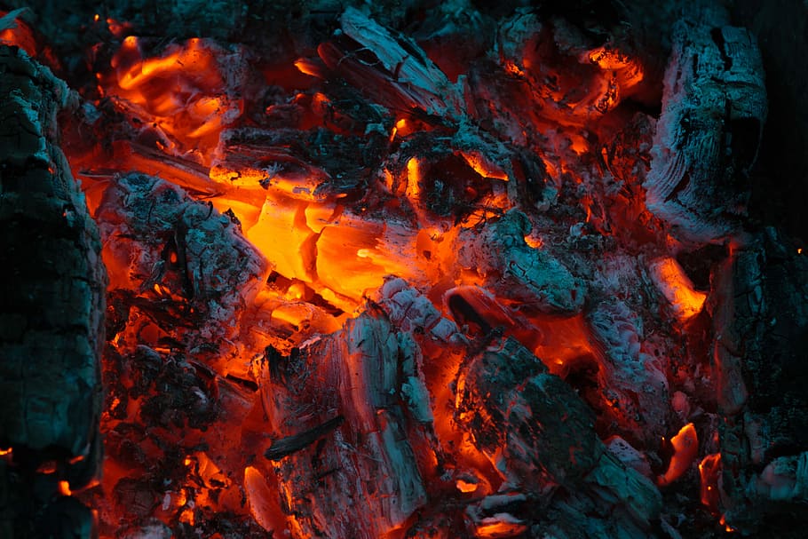 burned firewood, burning wood, burning coal, heat, charcoal, glowing, HD wallpaper
