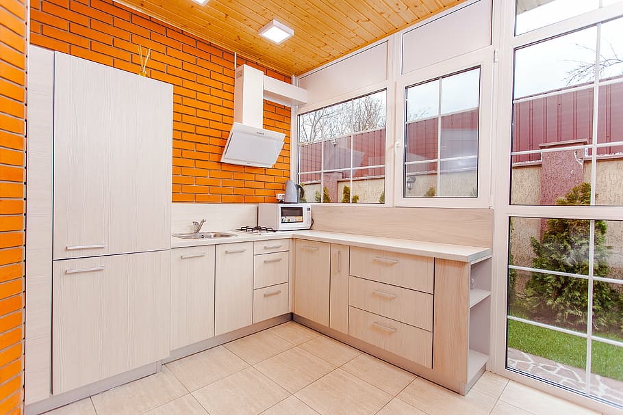 white wooden kitchen cabinet, house, cottage, window, home HD wallpaper
