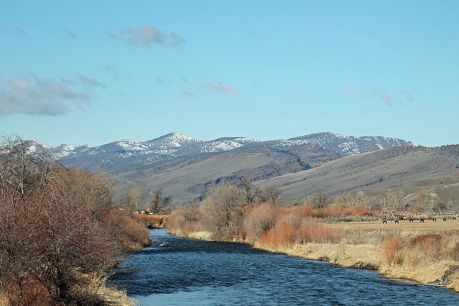 river, winter, landscape, nature, water, mountains, john day HD wallpaper