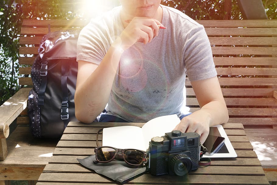 wood, bench, man, person, accessories, adult, backpack, book HD wallpaper