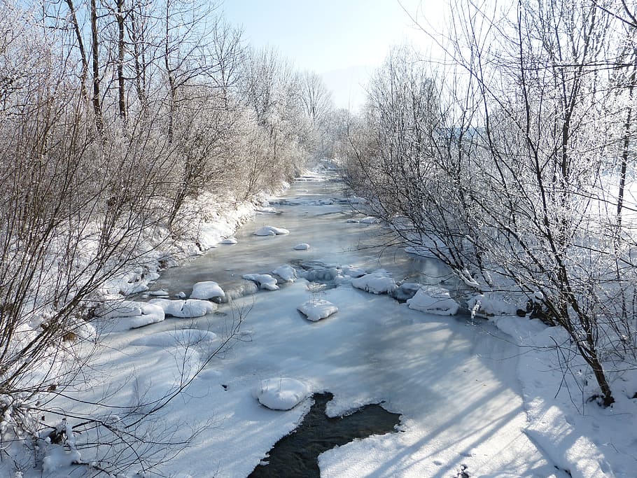 winter field, river, frozen, snow, bank, nature, wintry, frost, HD wallpaper