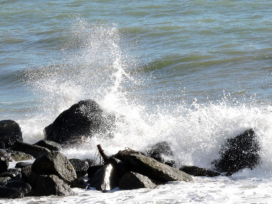 Rocks, Waves, Sea, Spray, Water, motion, outdoors, no people HD wallpaper