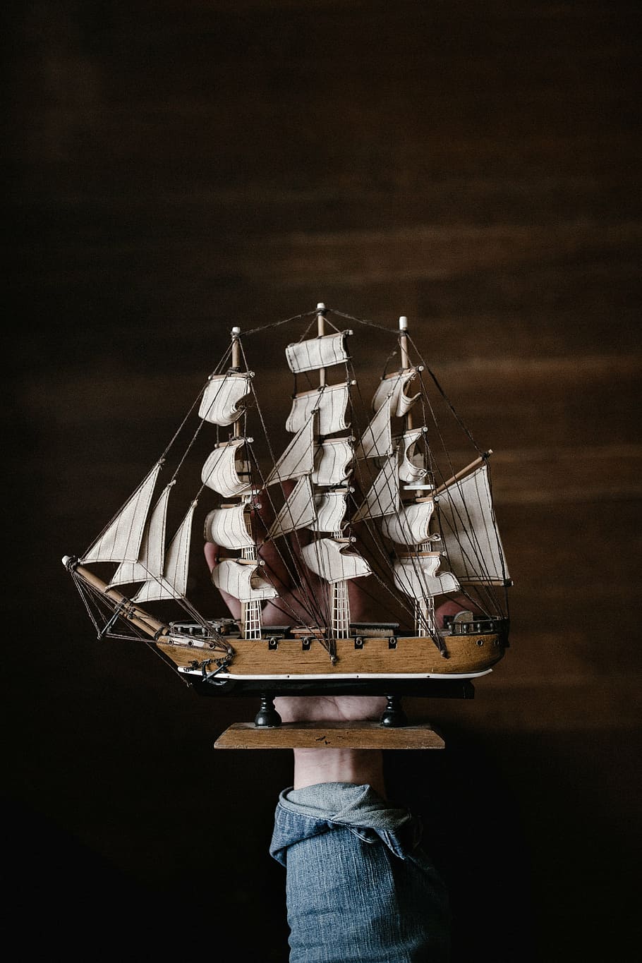 person holding clipper boat, ship, hand, wall, wood, decor HD wallpaper